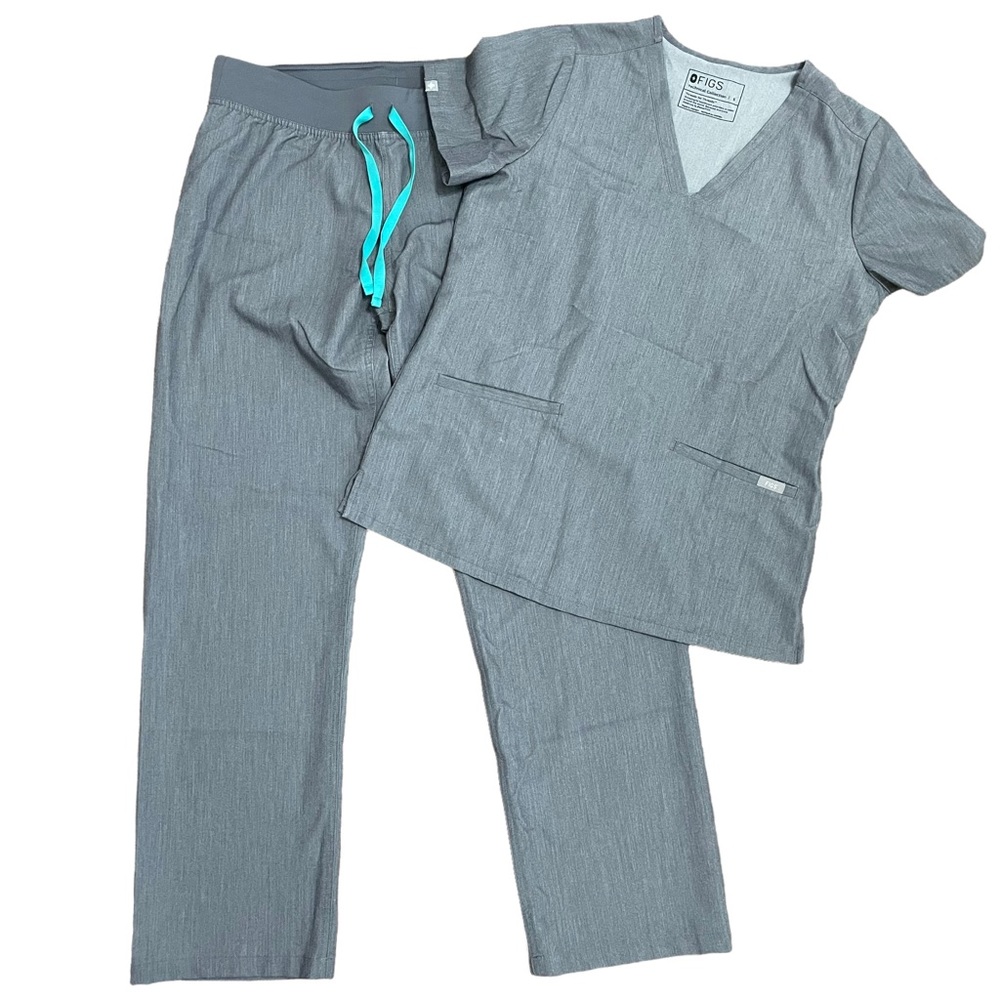 Figs Women's Gray Scrub Set with Teal Drawstring